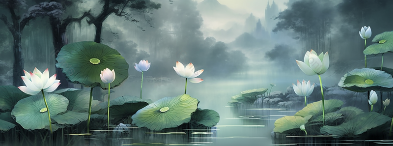 冷色系中国风水墨荷花山水画,插画/手绘图,插画/手绘图库,插画/手绘图下载,插画/手绘